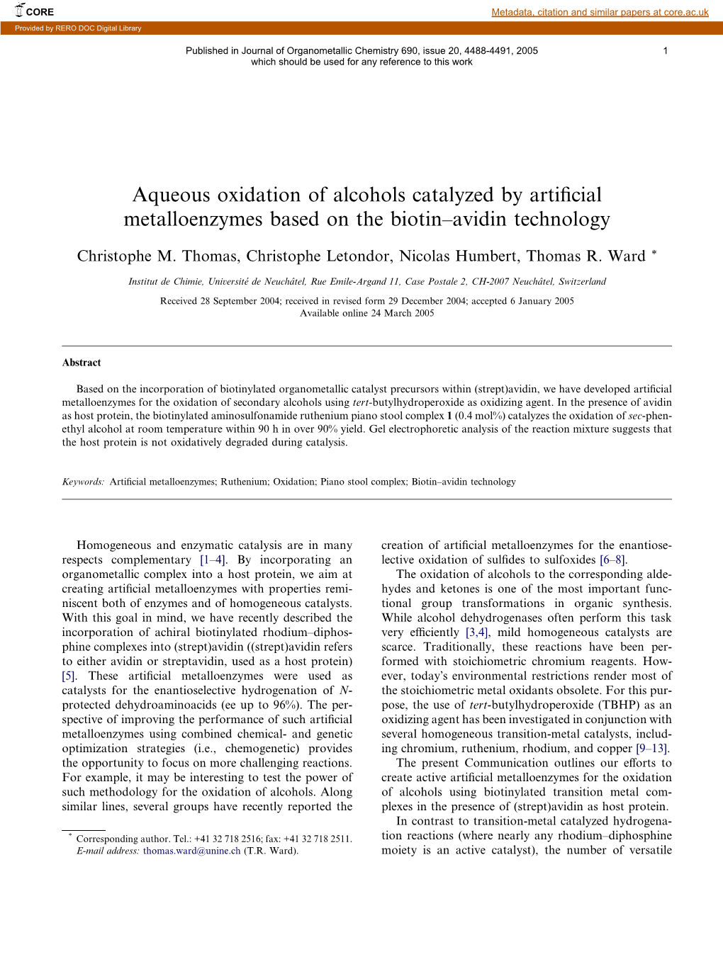 Aqueous Oxidation of Alcohols Catalyzed by Artificial