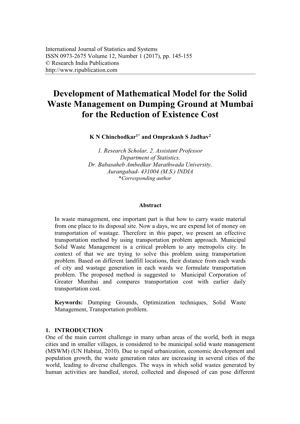 Development of Mathematical Model for the Solid Waste Management on Dumping Ground at Mumbai for the Reduction of Existence Cost