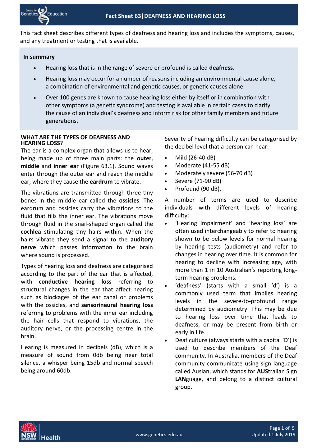 Fact Sheet 63|DEAFNESS and HEARING LOSS WHAT ARE THE