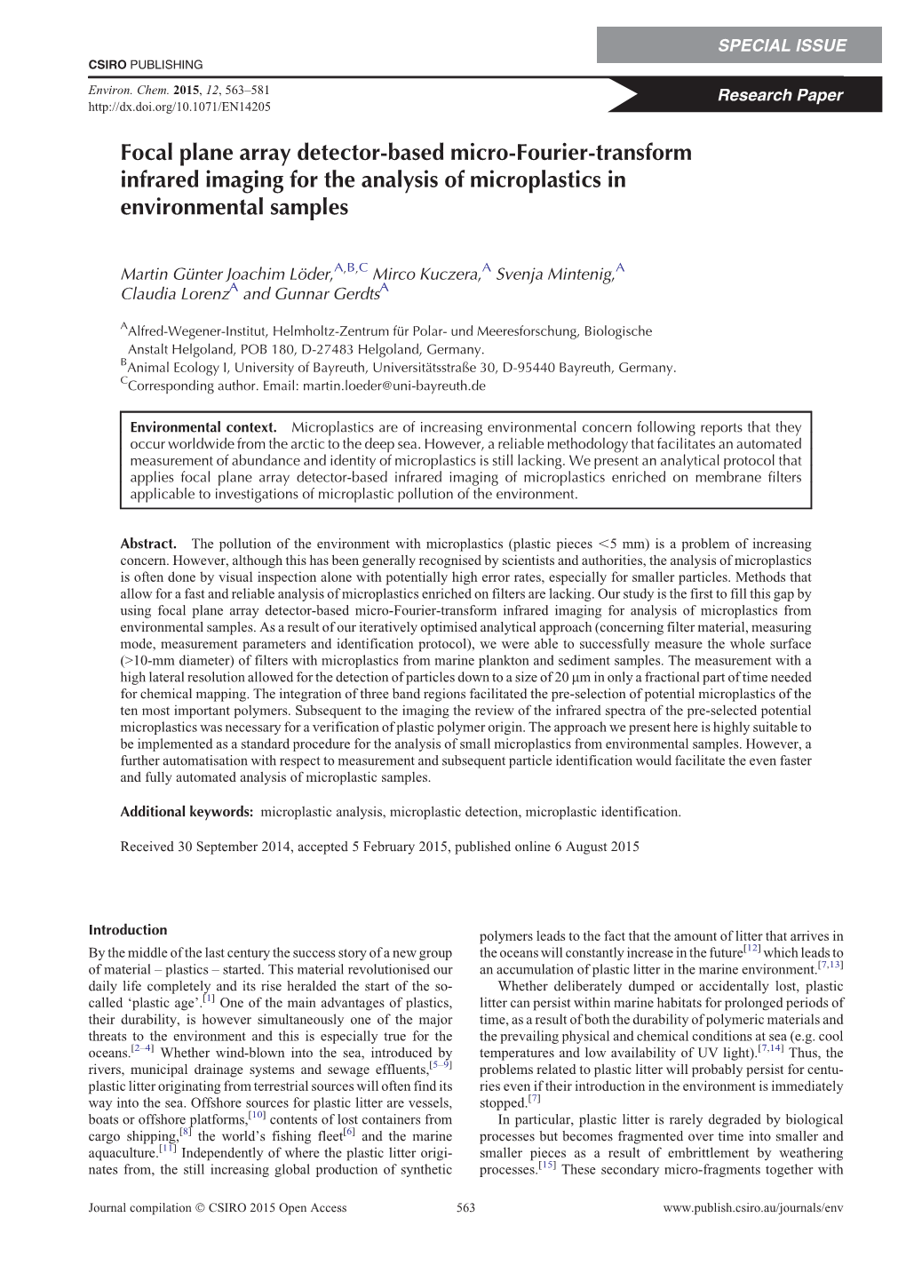 Focal Plane Array Detector-Based Micro-Fourier-Transform Infrared Imaging for the Analysis of Microplastics in Environmental Samples