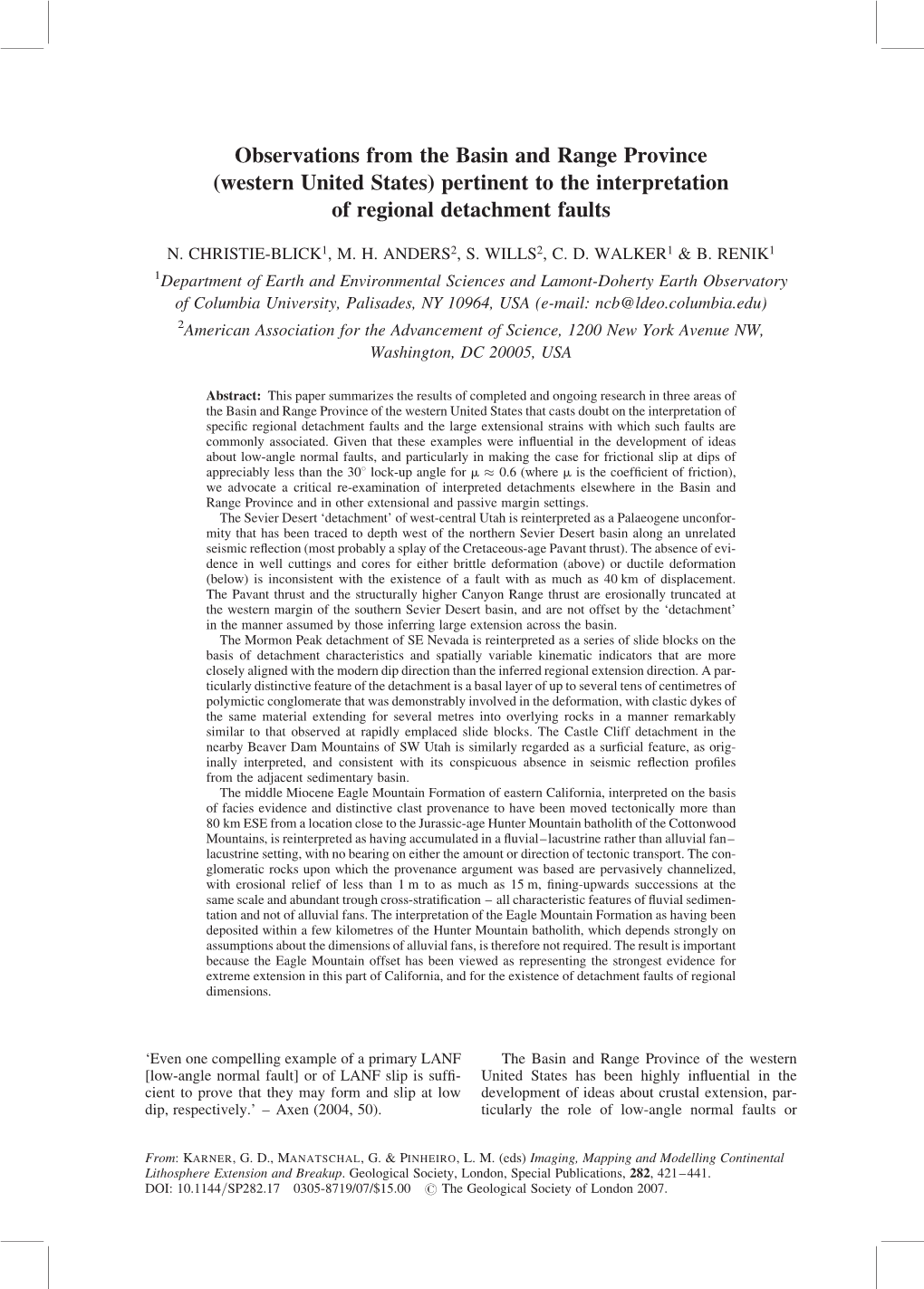 Observations from the Basin and Range Province (Western United States) Pertinent to the Interpretation of Regional Detachment Faults