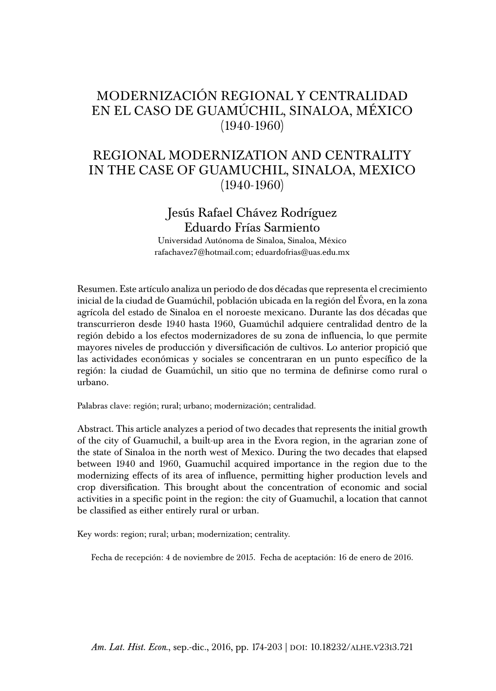 Modernización Regional Y Centralidad En El Caso De Guamúchil, Sinaloa, México (1940-1960)