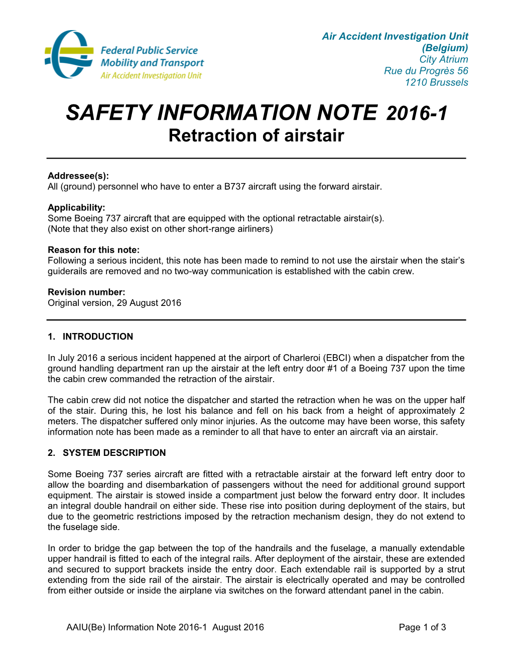 SAFETY INFORMATION NOTE 2016-1 Retraction of Airstair