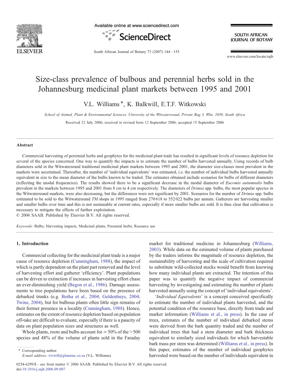 Size-Class Prevalence of Bulbous and Perennial Herbs Sold in the Johannesburg Medicinal Plant Markets Between 1995 and 2001 ⁎ V.L