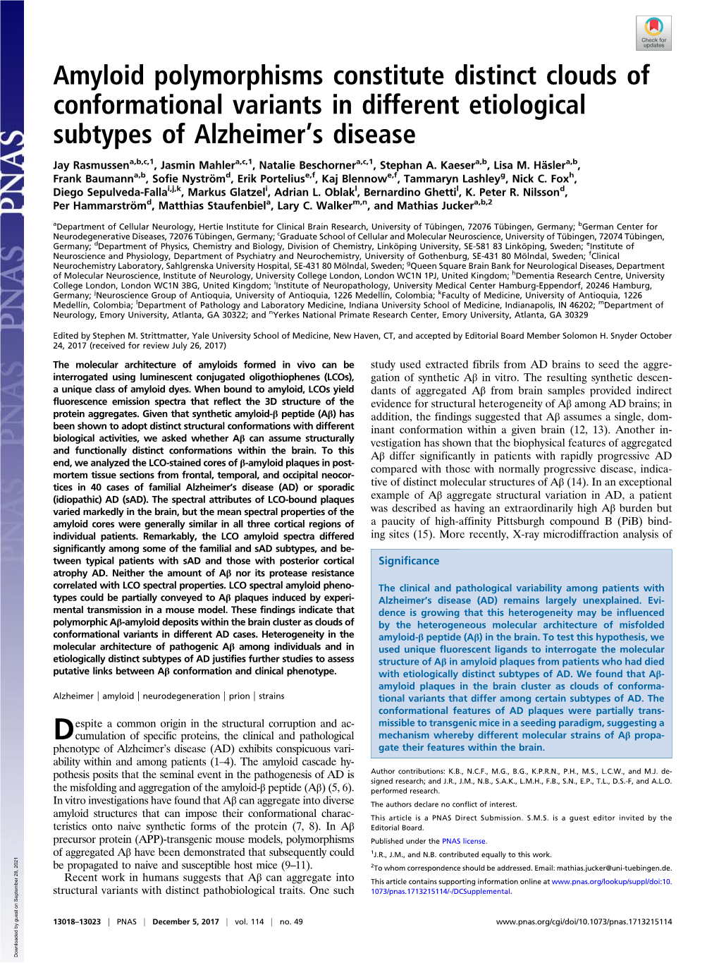 Amyloid Polymorphisms Constitute Distinct Clouds of Conformational Variants in Different Etiological Subtypes of Alzheimer’S Disease