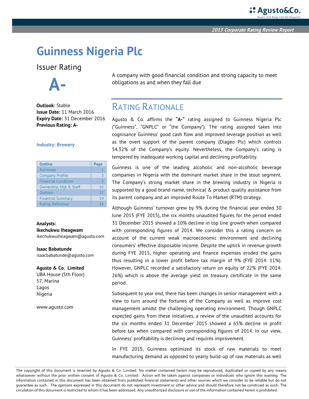 Guinness Nigeria Plc Issuer Rating a Company with Good Financial Condition and Strong Capacity to Meet A- Obligations As and When They Fall Due