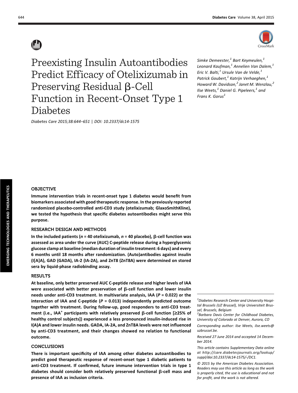 Preexisting Insulin Autoantibodies Predict Efficacy of Otelixizumab In