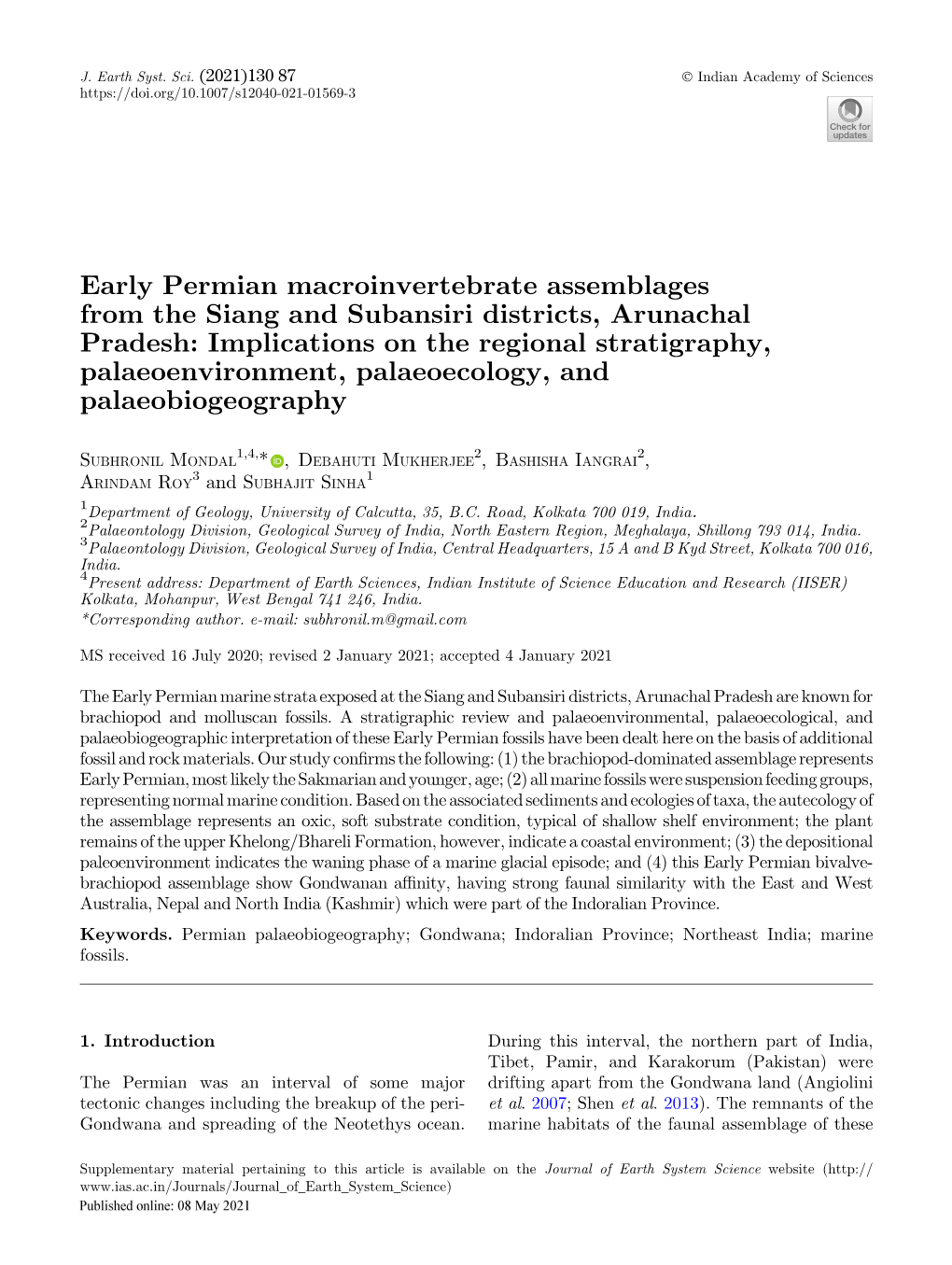 Early Permian Macroinvertebrate Assemblages from the Siang and Subansiri Districts, Arunachal Pradesh: Implications on the Regio