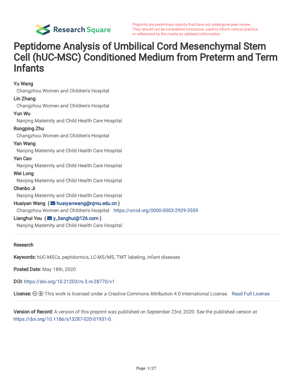 Conditioned Medium from Preterm and Term Infants