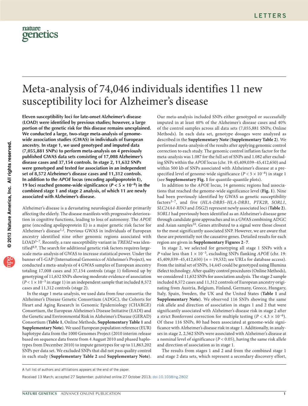 Meta-Analysis of 74,046 Individuals Identifies 11 New Susceptibility Loci for Alzheimer's Disease