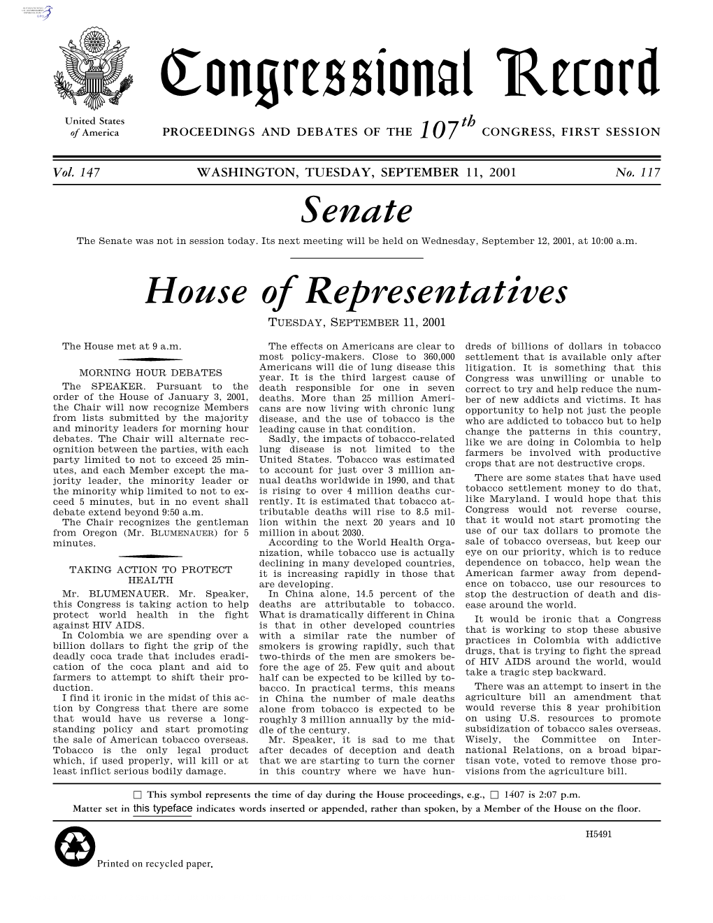 Congressional Record United States Th of America PROCEEDINGS and DEBATES of the 107 CONGRESS, FIRST SESSION