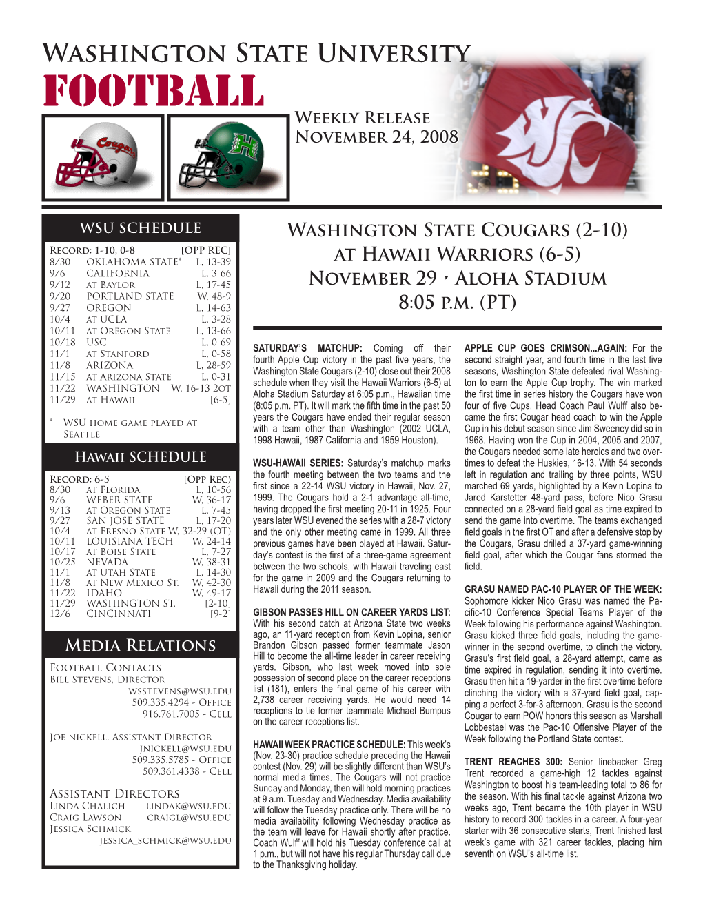 Washington State University FOOTBALL Weekly Release November 24, 2008