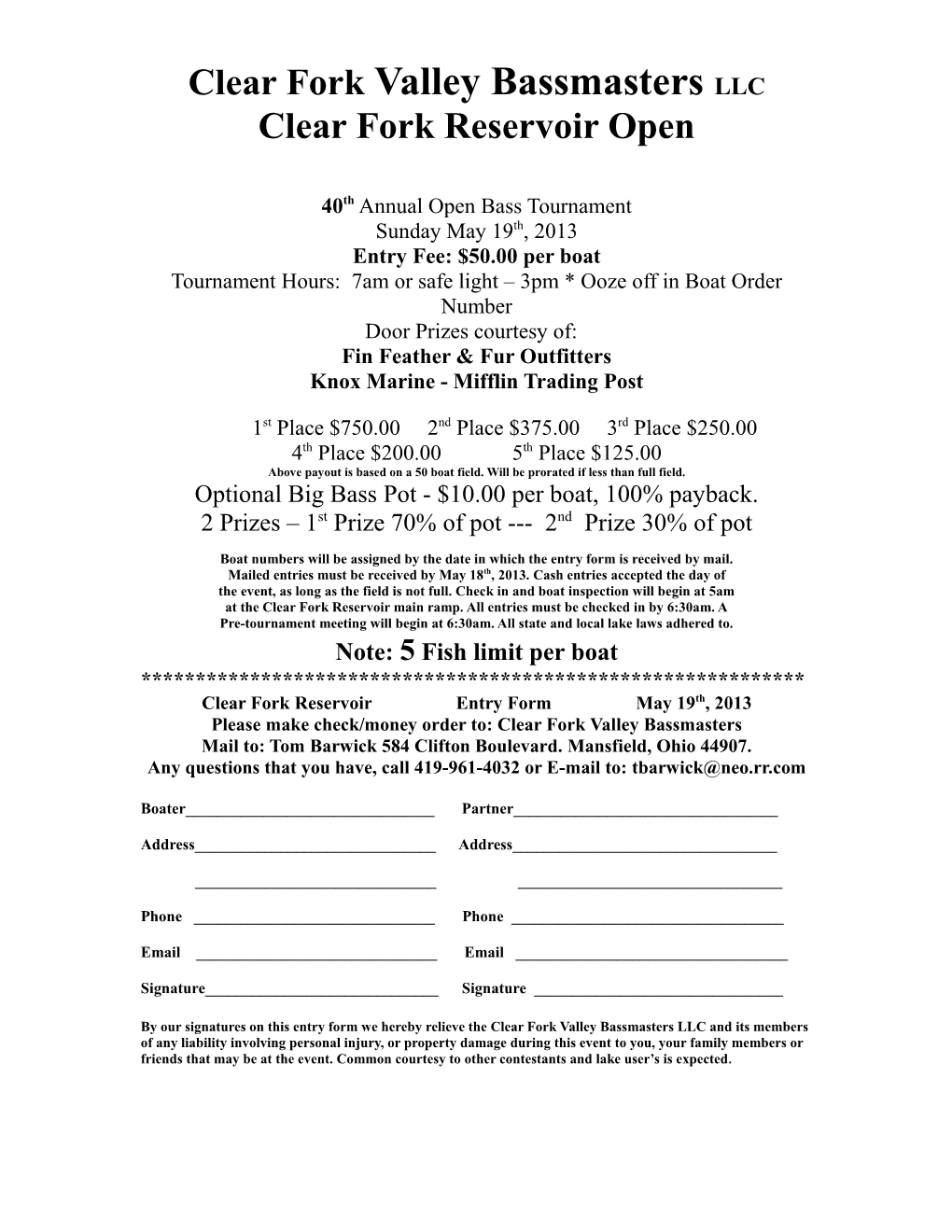 40Th Annual Open Bass Tournament