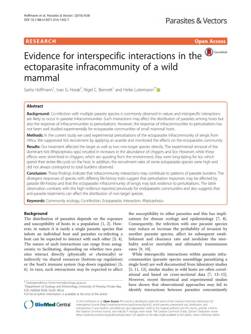 Evidence for Interspecific Interactions in the Ectoparasite Infracommunity of a Wild Mammal Sasha Hoffmann1, Ivan G
