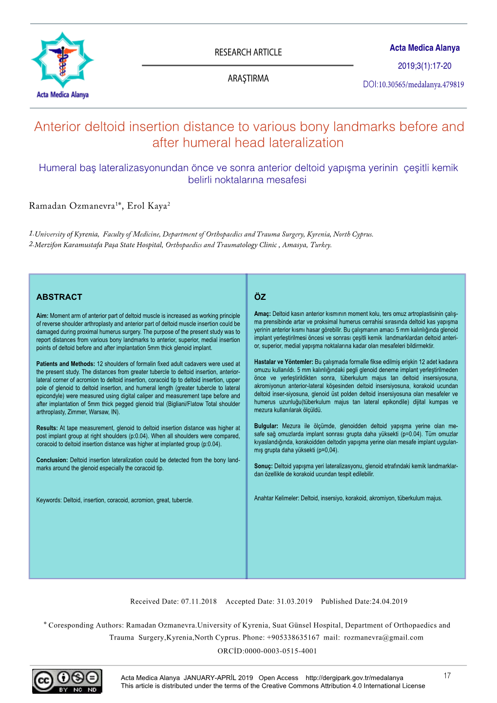 Anterior Deltoid Insertion Distance to Various Bony Landmarks Before and After Humeral Head Lateralization