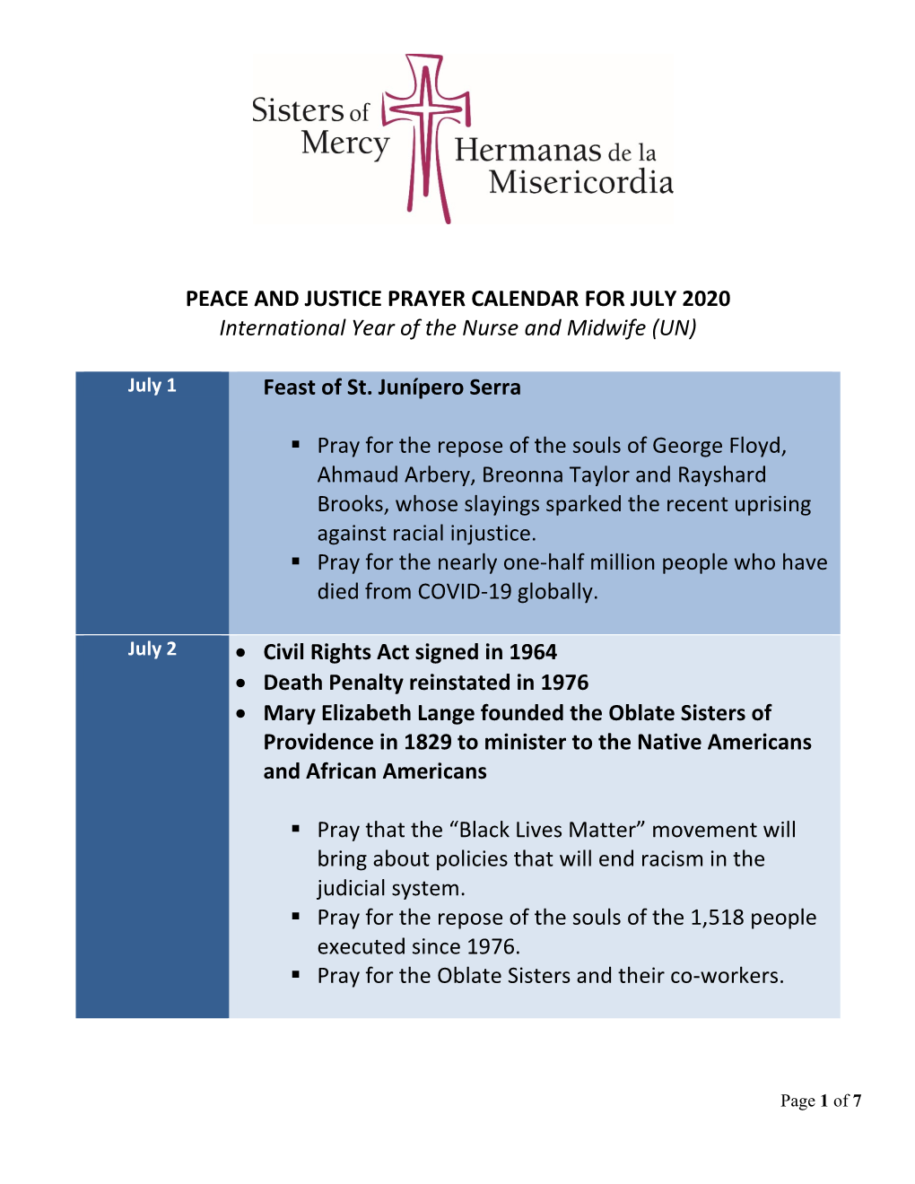 Peace and Justice Calendar