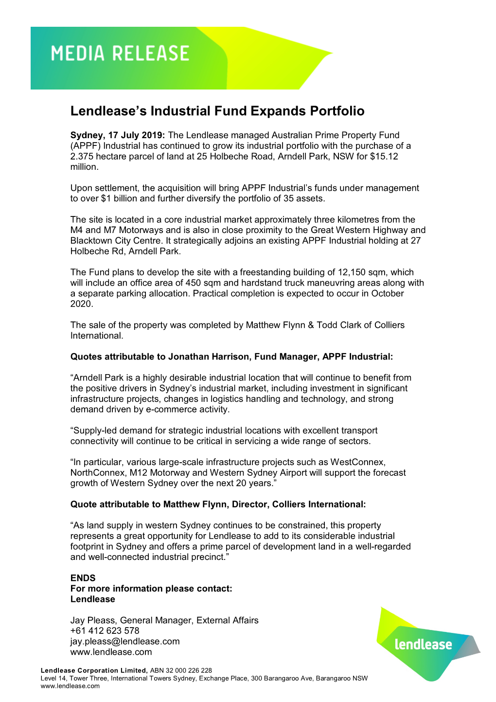 Lendlease's Industrial Fund Expands Portfolio