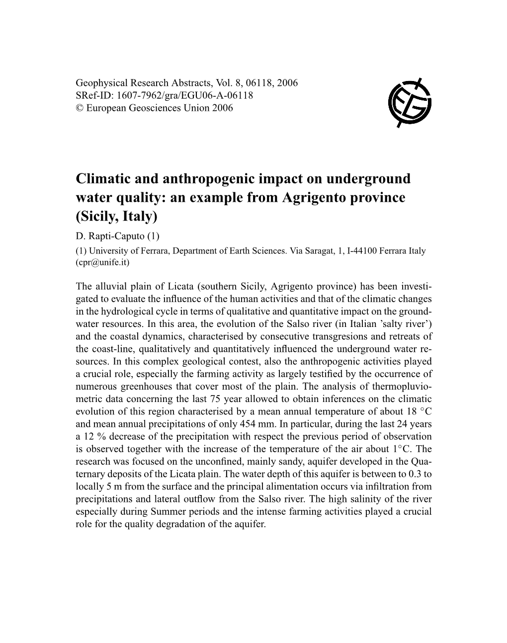 Climatic and Anthropogenic Impact on Underground Water Quality: an Example from Agrigento Province (Sicily, Italy) D