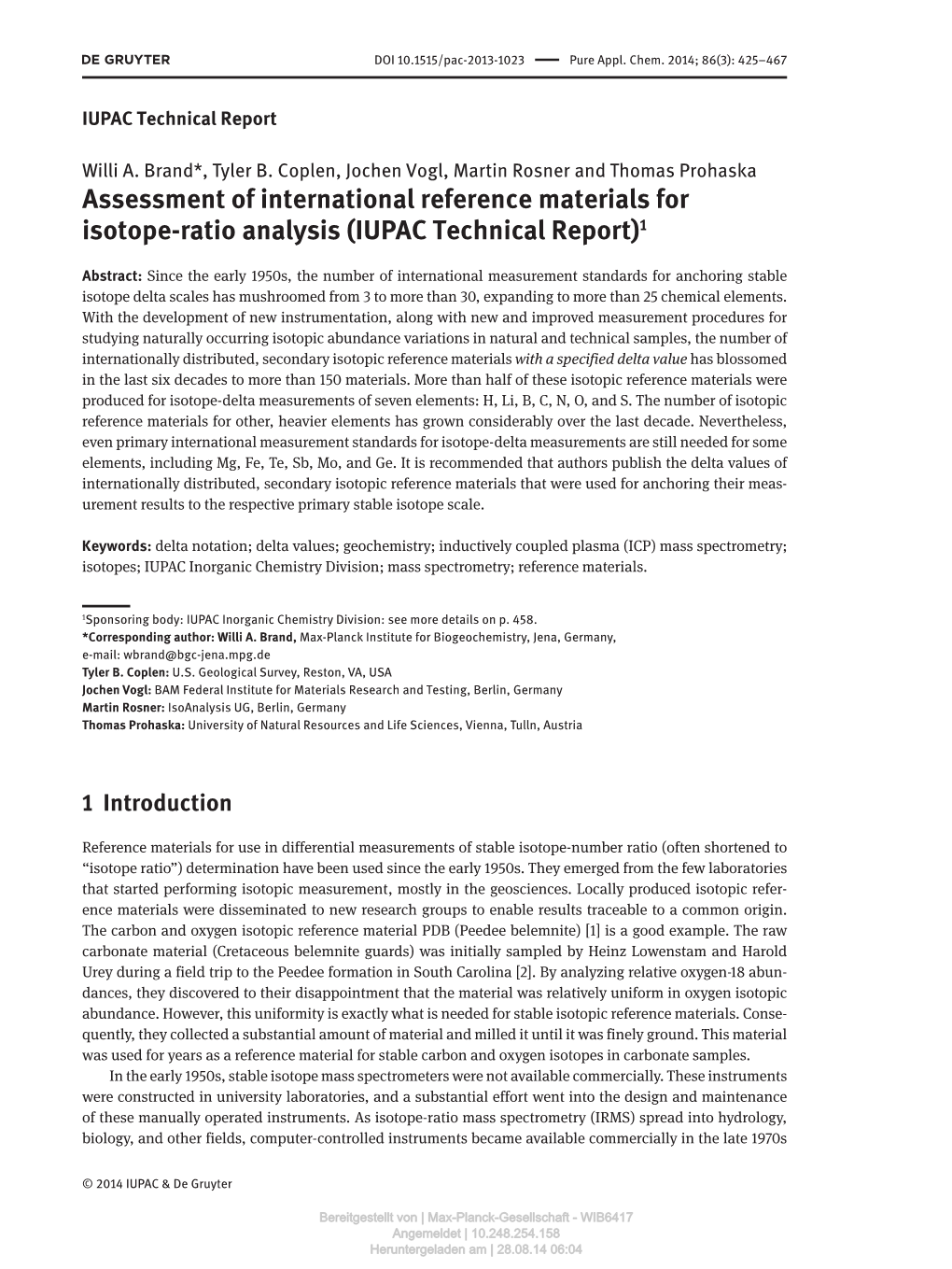 Assessment of International Reference Materials for Isotope-Ratio Analysis (IUPAC Technical Report)1