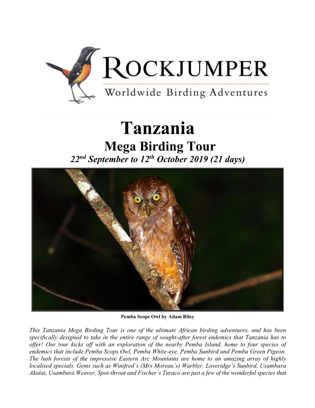 Tanzania Mega Birding Tour 22Nd September to 12Th October 2019 (21 Days)