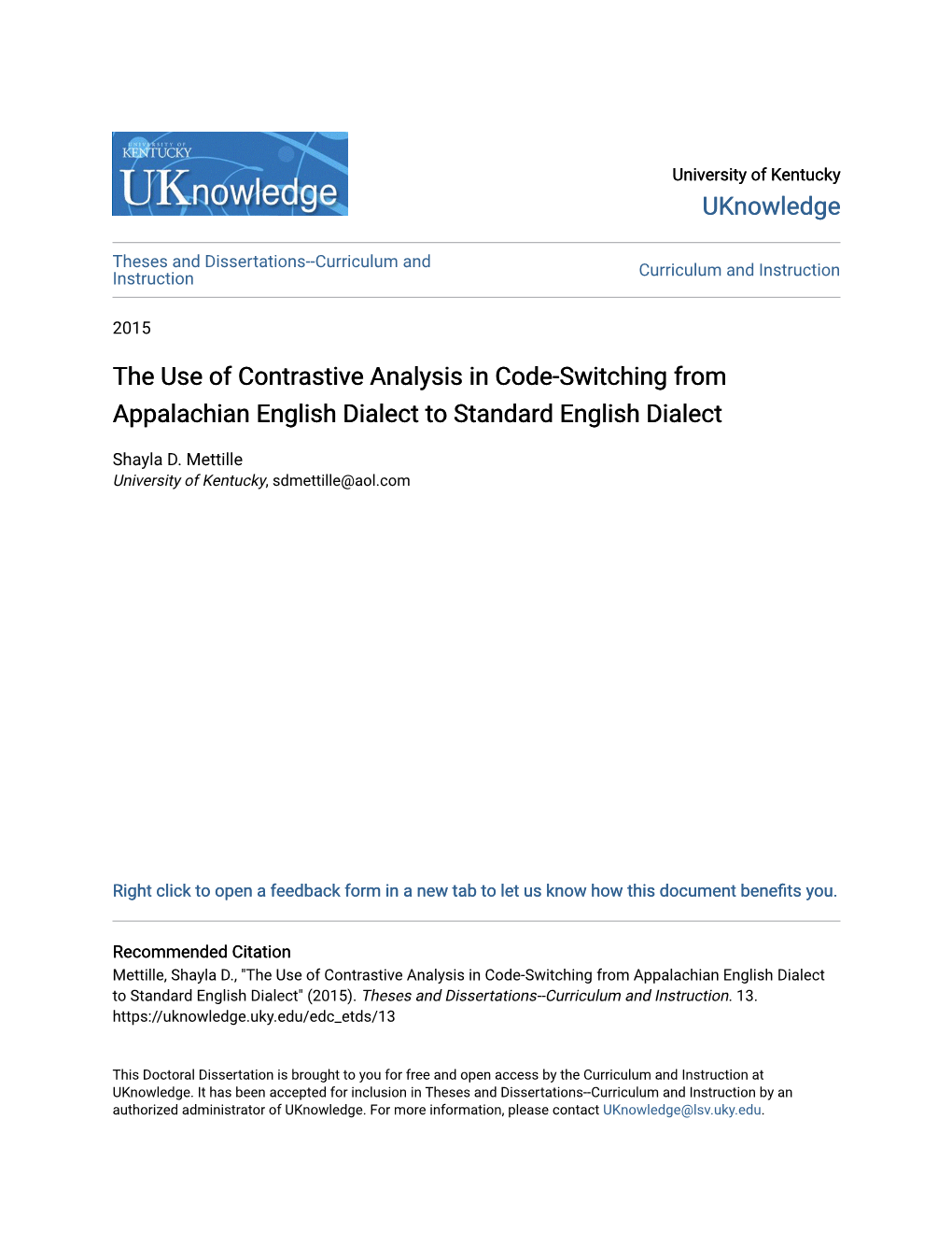 The Use of Contrastive Analysis in Code-Switching from Appalachian English Dialect to Standard English Dialect