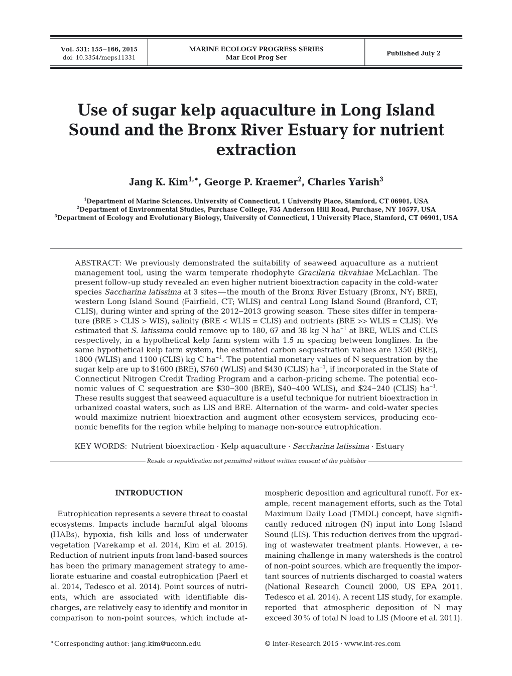 Use of Sugar Kelp Aquaculture in Long Island Sound and the Bronx River Estuary for Nutrient Extraction