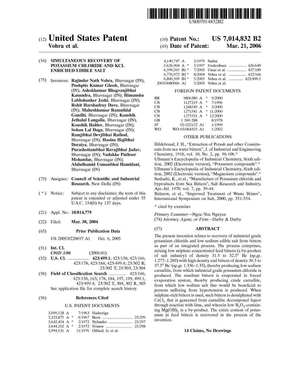 (12) United States Patent (10) Patent No.: US 7,014,832 B2 Vohra Et Al