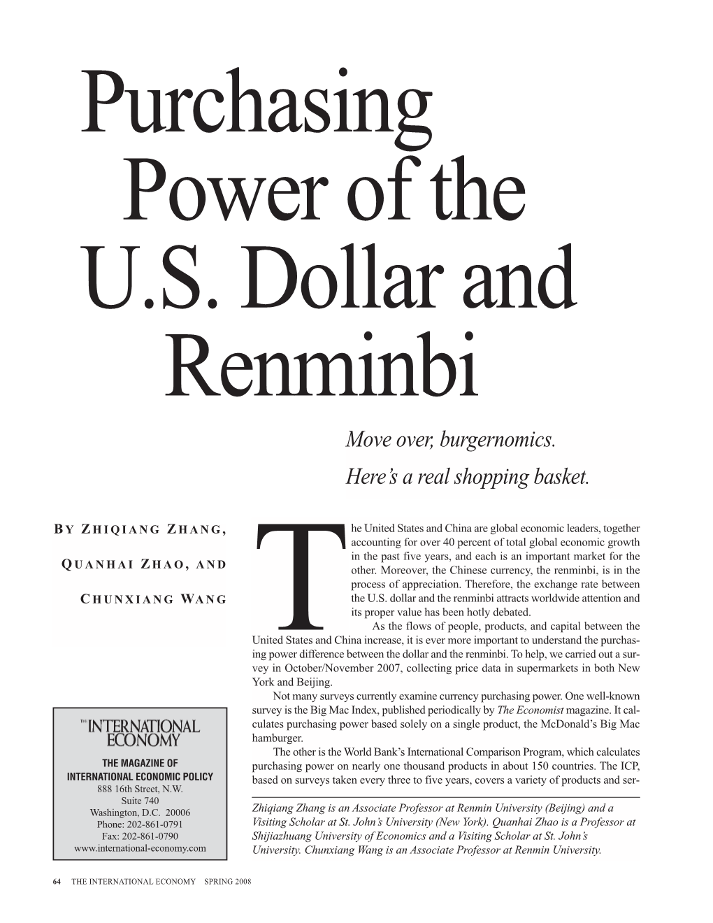 Purchasing Power of the U.S. Dollar and Renminbi Move Over, Burgernomics