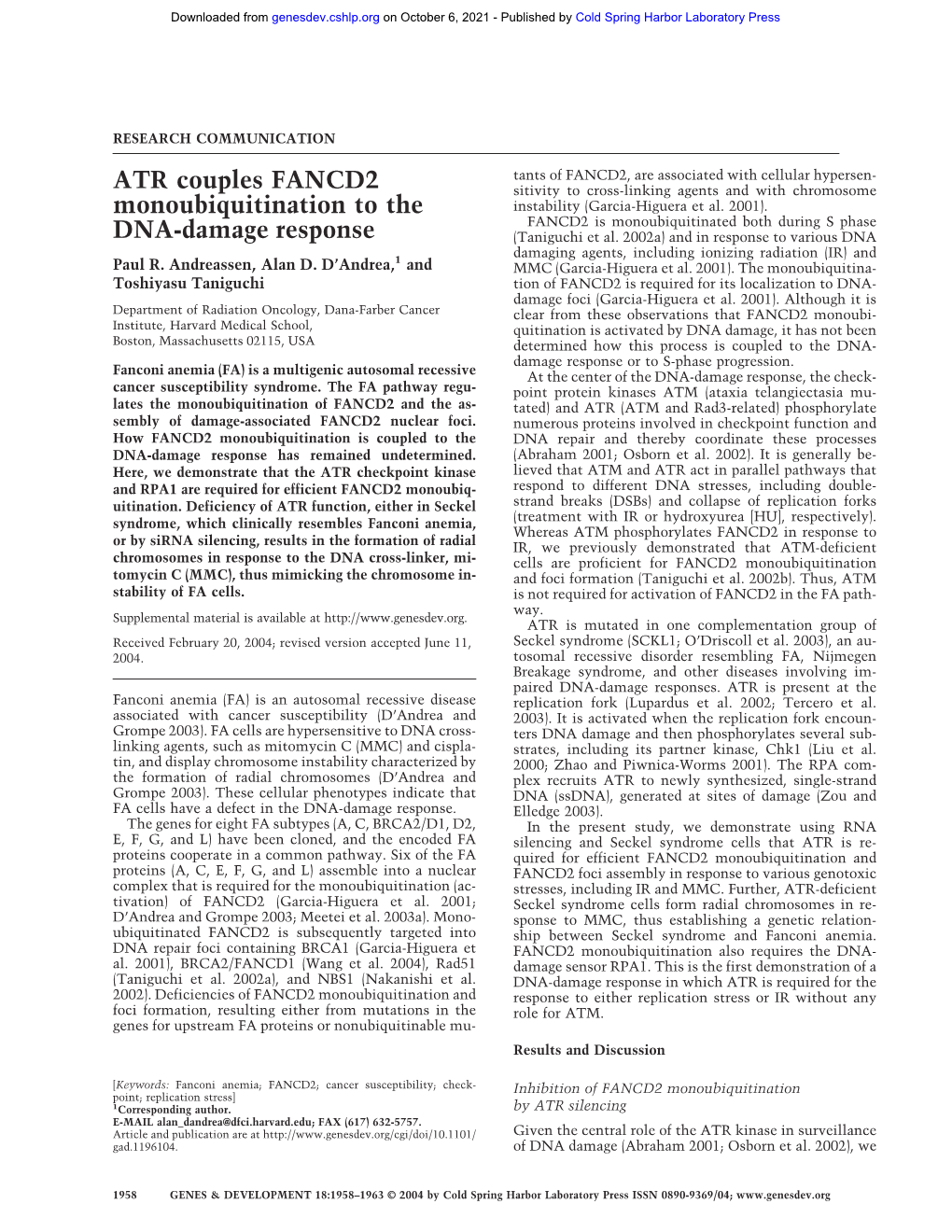 ATR Couples FANCD2 Monoubiquitination to the DNA-Damage Response