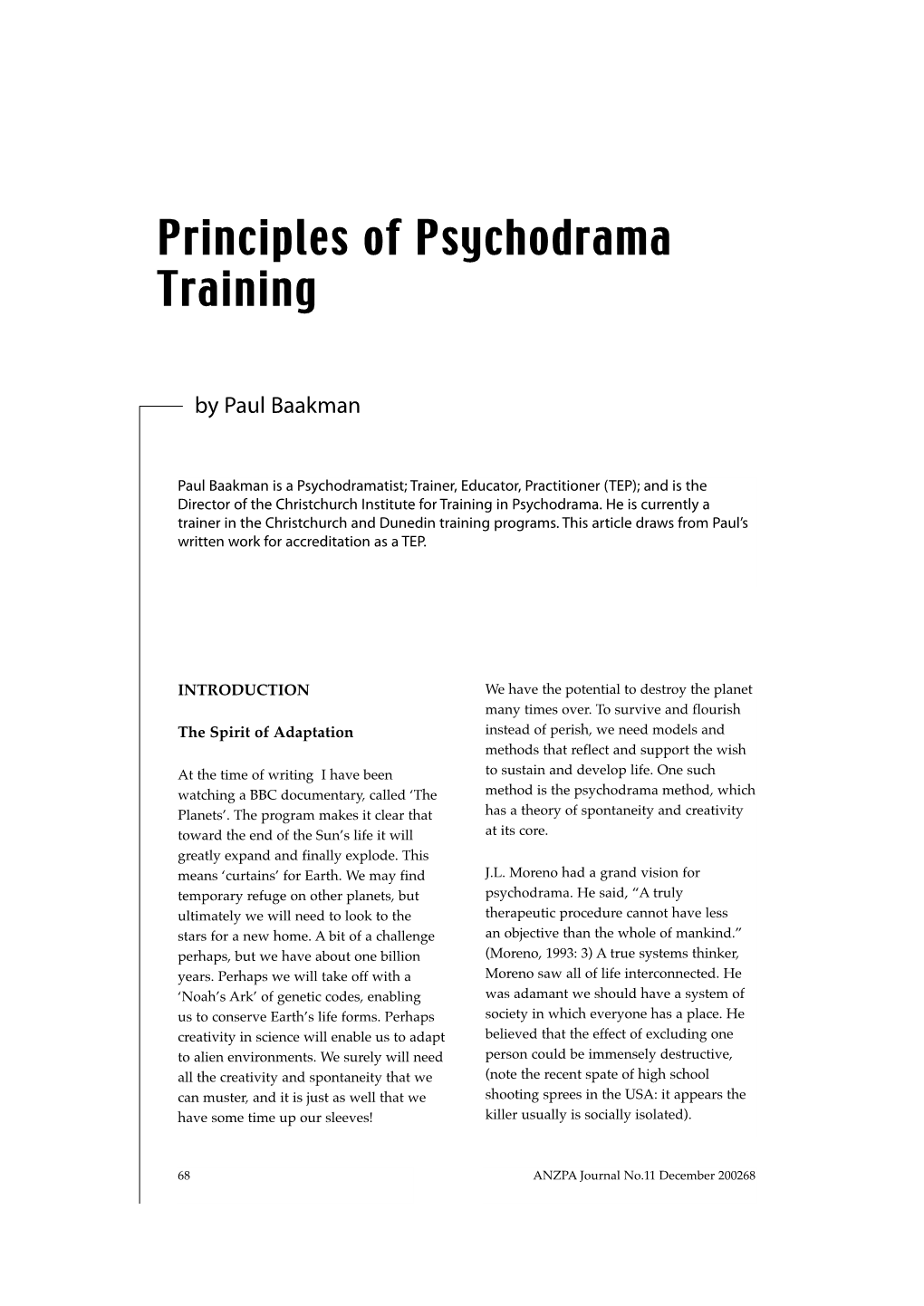 Principles of Psychodrama Training