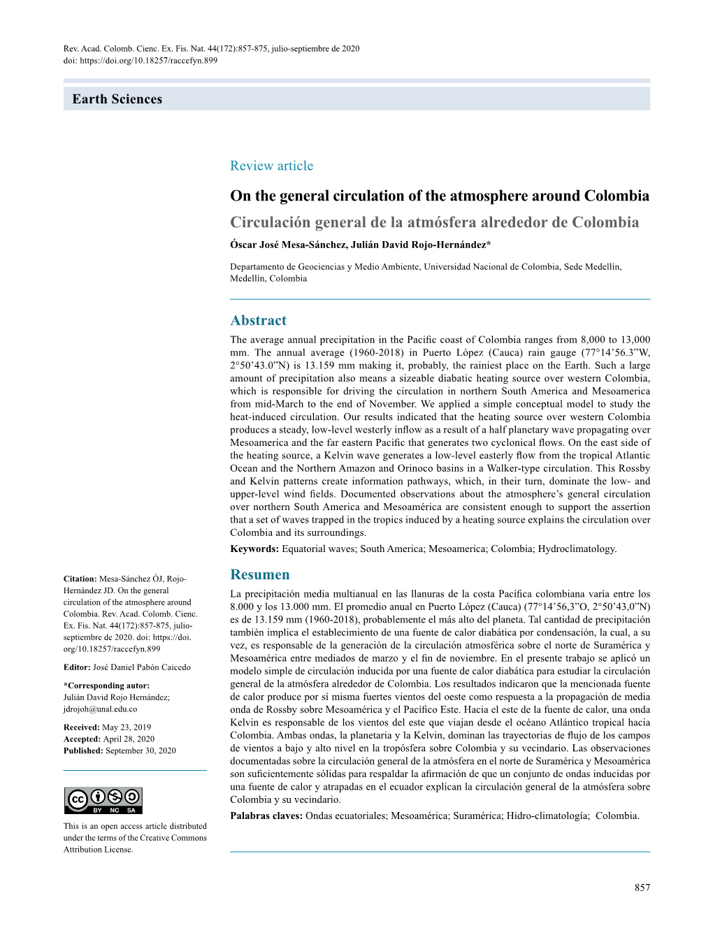 On the General Circulation of the Atmosphere Around Colombia Doi