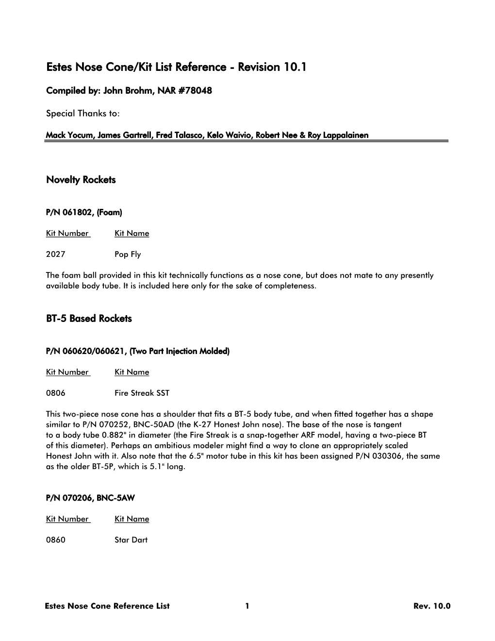 Estes Nose Cone/Kit List Reference - Revision 10.1