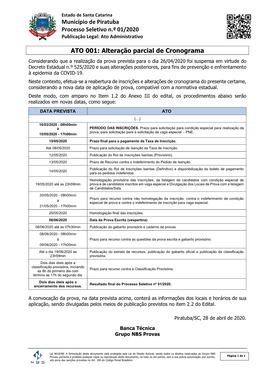 Município De Piratuba Processo Seletivo N.º 01/2020 Publicação Legal: Ato Administrativo