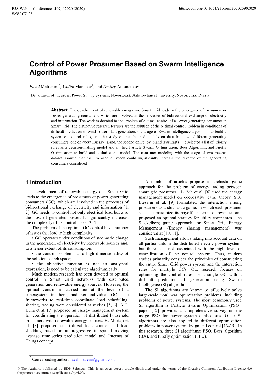 Control of Power Prosumer Based on Swarm Intelligence Algorithms