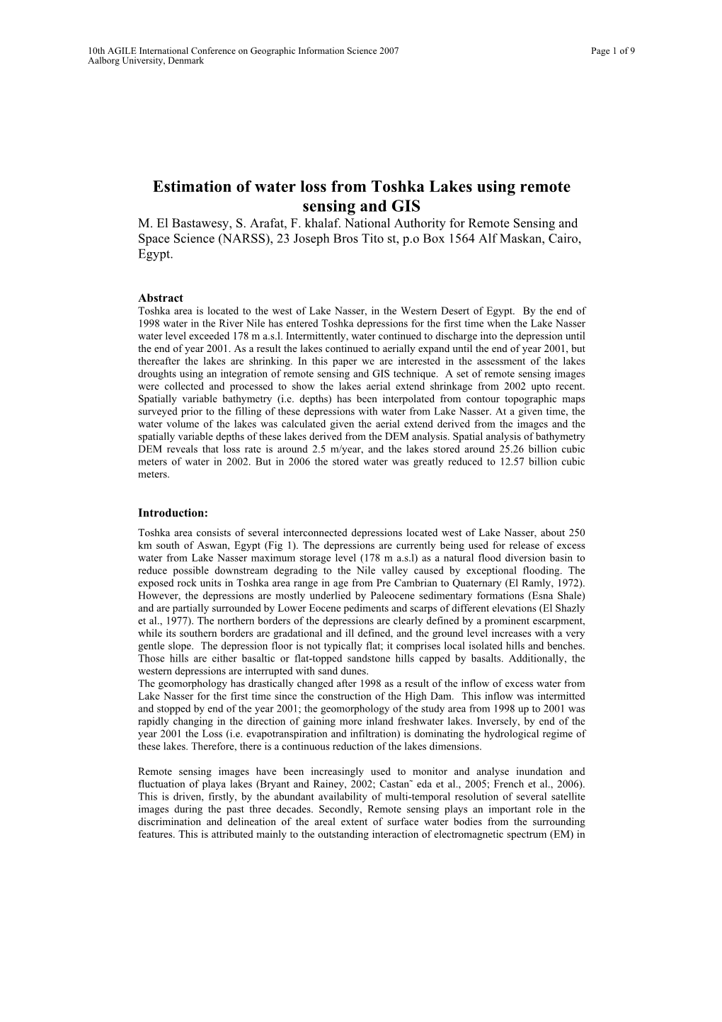 Estimation of Water Loss from Toshka Lakes Using Remote Sensing and GIS M