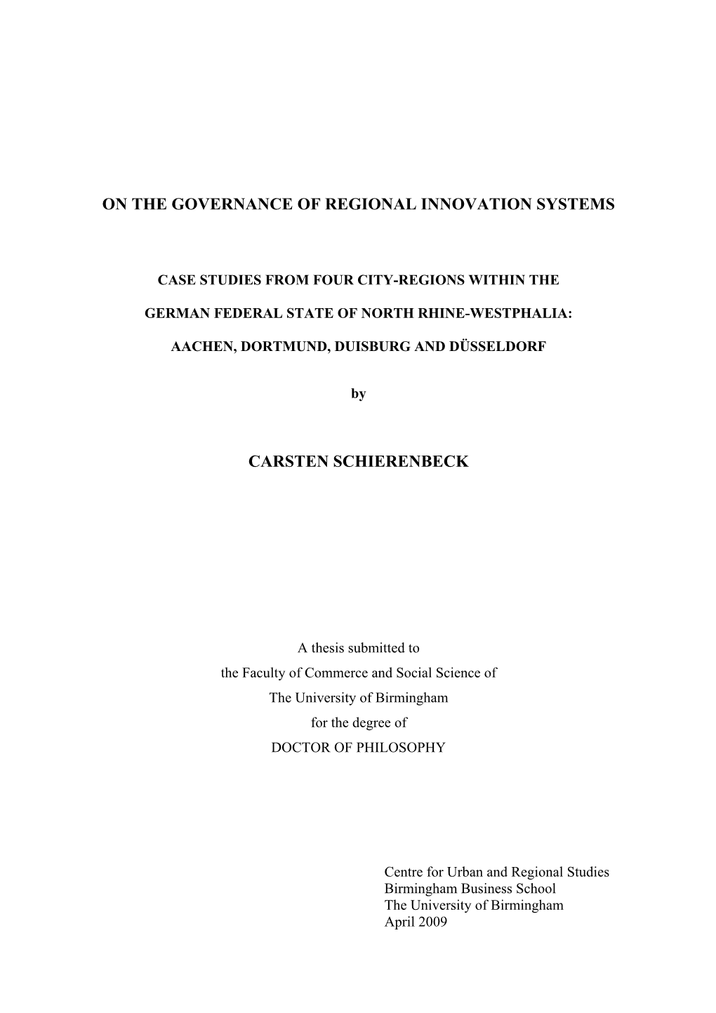 On the Governance of Regional Innovation Systems