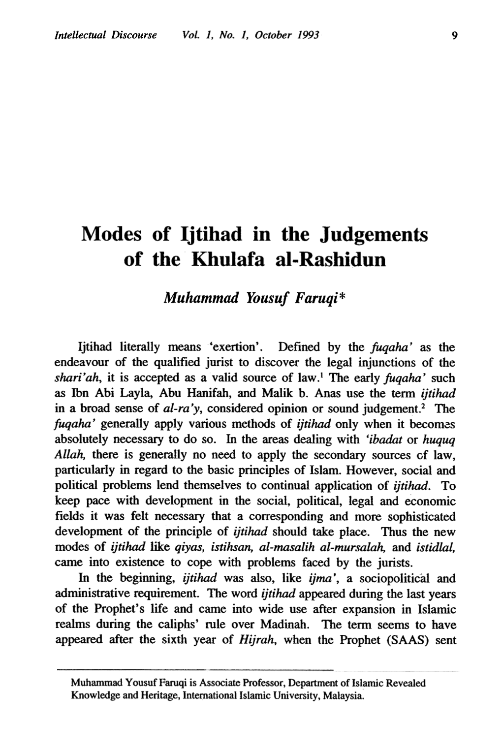 Modes of Ijtihad in the Judgements of the Khulafa Al- Rashidun