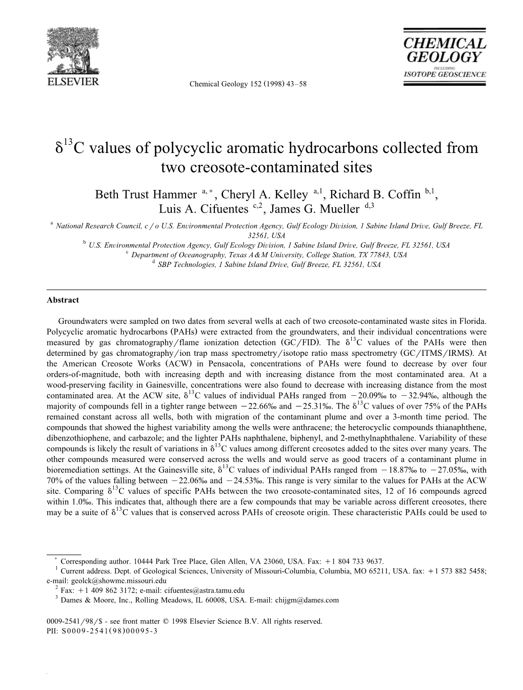 D C Values of Polycyclic Aromatic Hydrocarbons Collected from Two