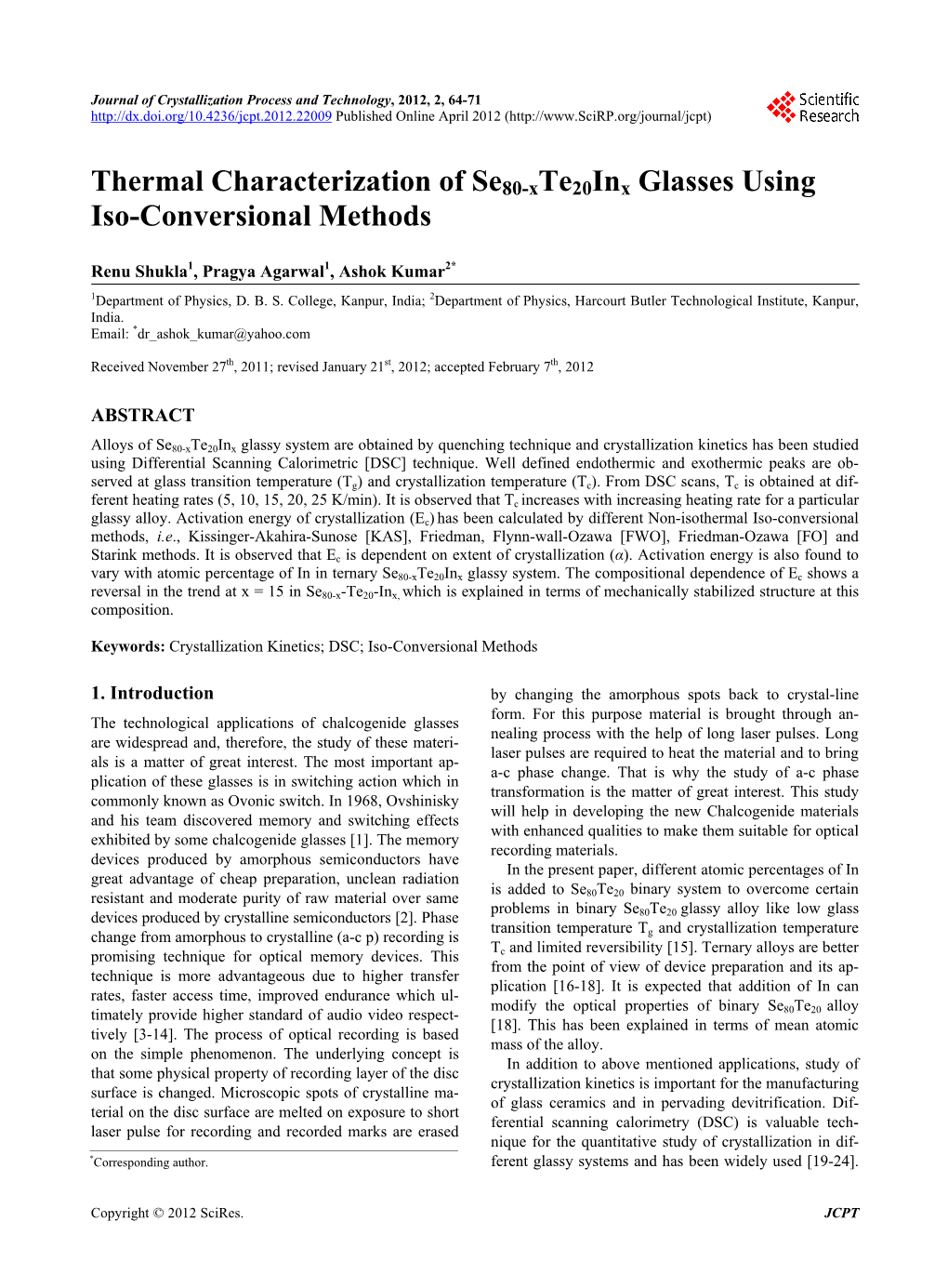 Thermal Characterization of Se80-Xte20inx Glasses Using Iso-Conversional Methods