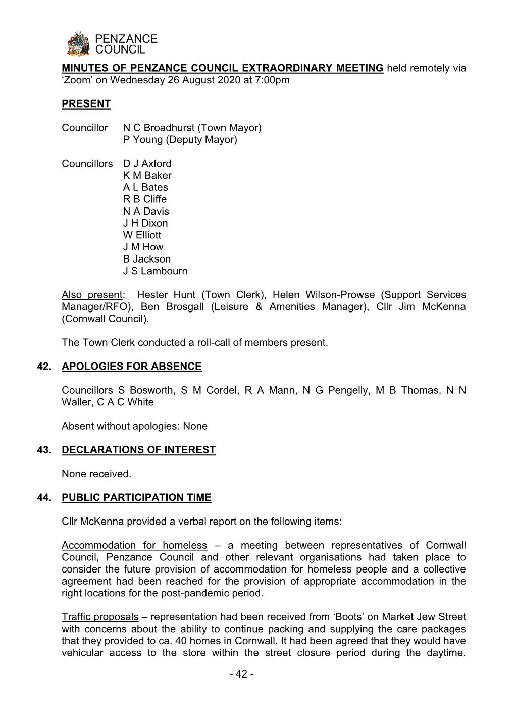 MINUTES of PENZANCE TOWN COUNCIL MEETING Held in Committee Room 1, York House, St