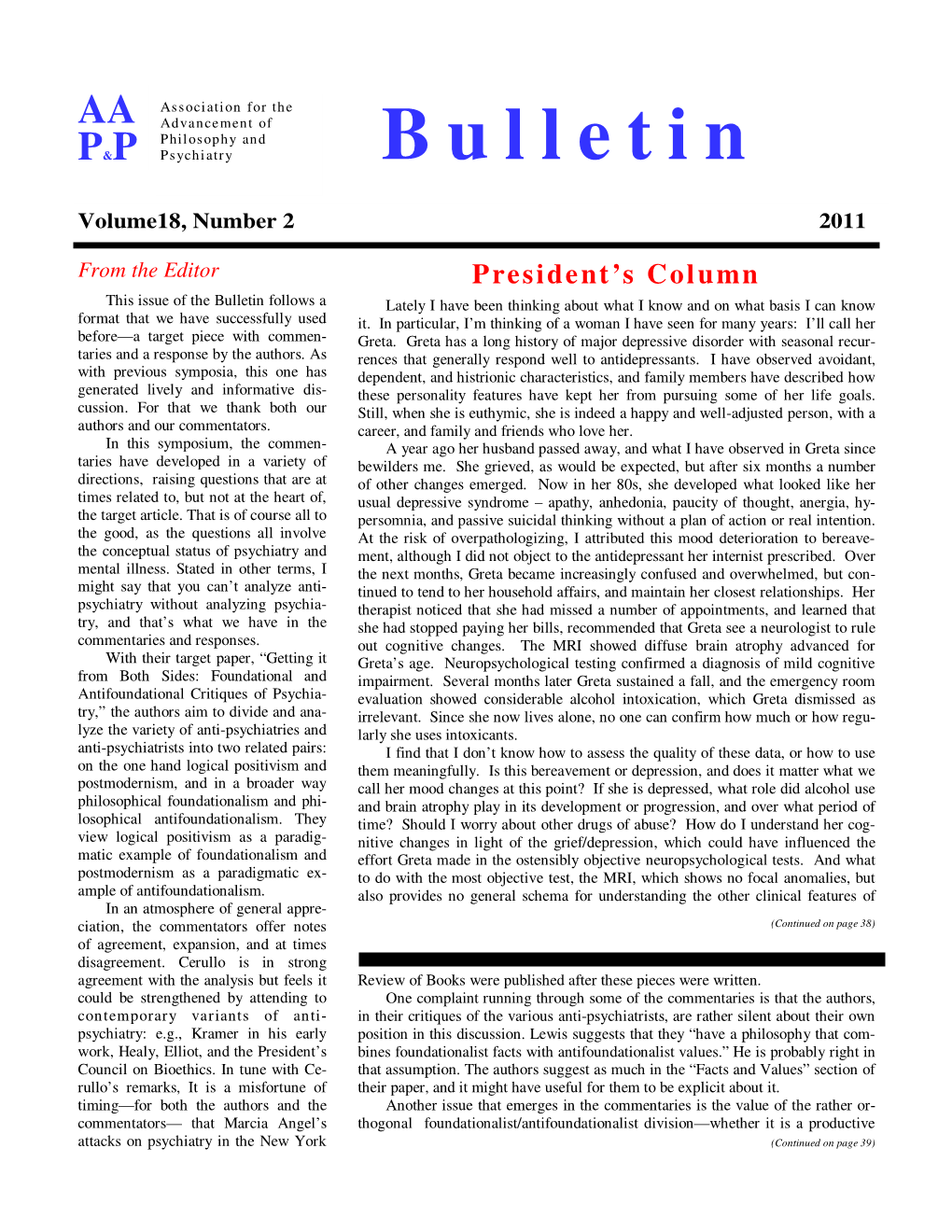 AAPP Bulletin Vol 18 #2, 2011