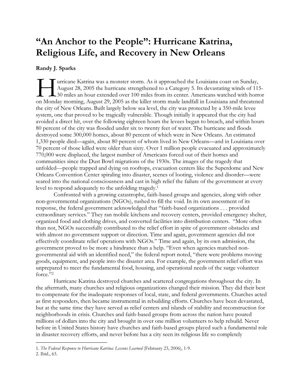 Hurricane Katrina, Religious Life, and Recovery in New Orleans