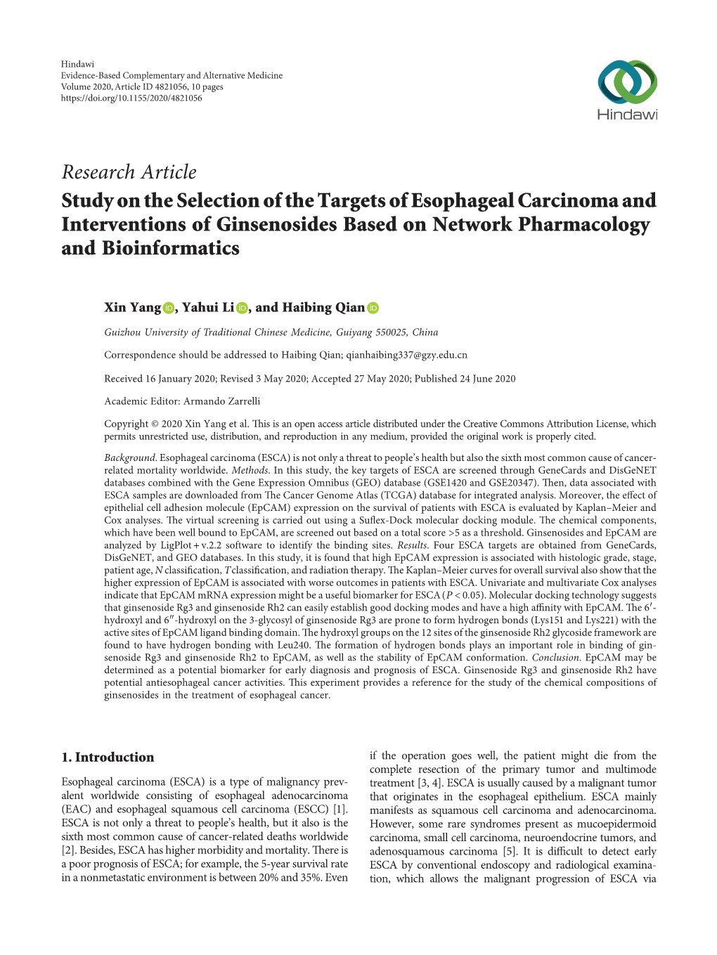 Study on the Selection of the Targets of Esophageal Carcinoma and Interventions of Ginsenosides Based on Network Pharmacology and Bioinformatics