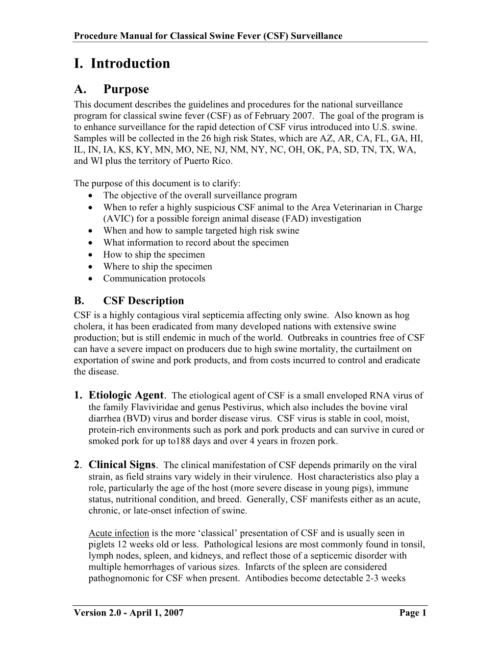 Procedure Manual for Classical Swine Fever (CSF) Surveillance