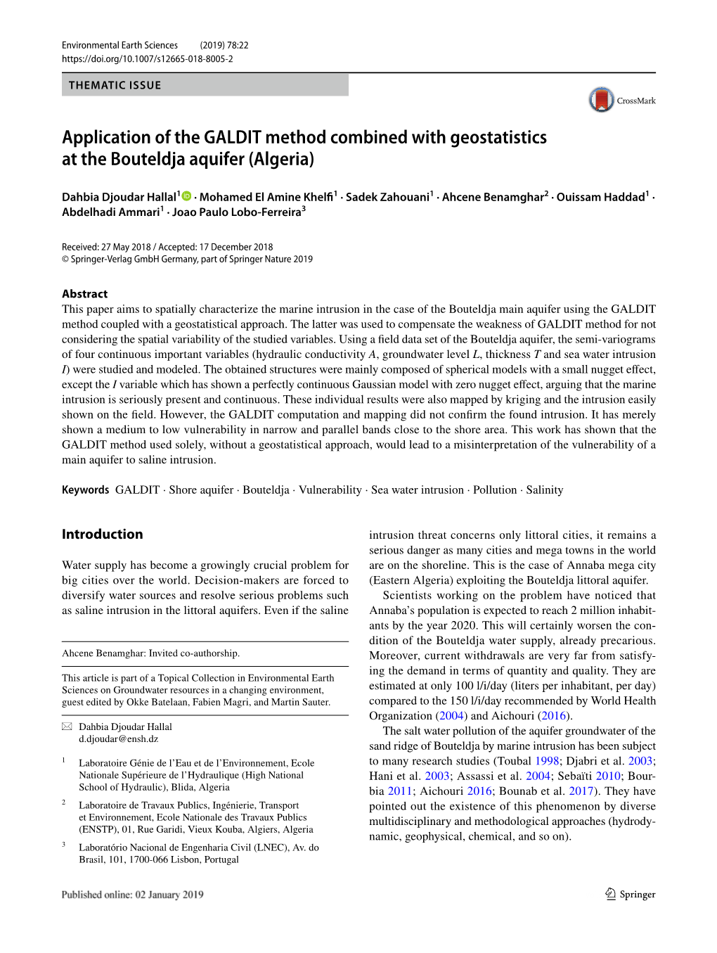 Application of the GALDIT Method Combined with Geostatistics at the Bouteldja Aquifer (Algeria)