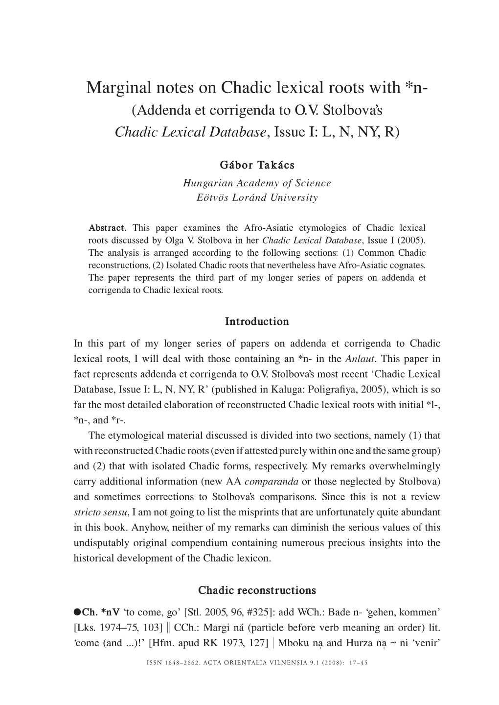 Marginal Notes on Chadic Lexical Roots with *N- (Addenda Et Corrigenda to O.V