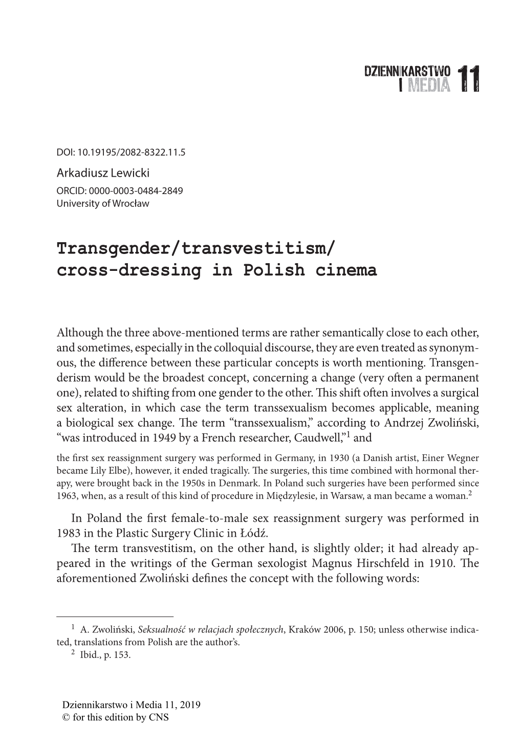 Transgender/Transvestitism/ Cross-Dressing in Polish Cinema