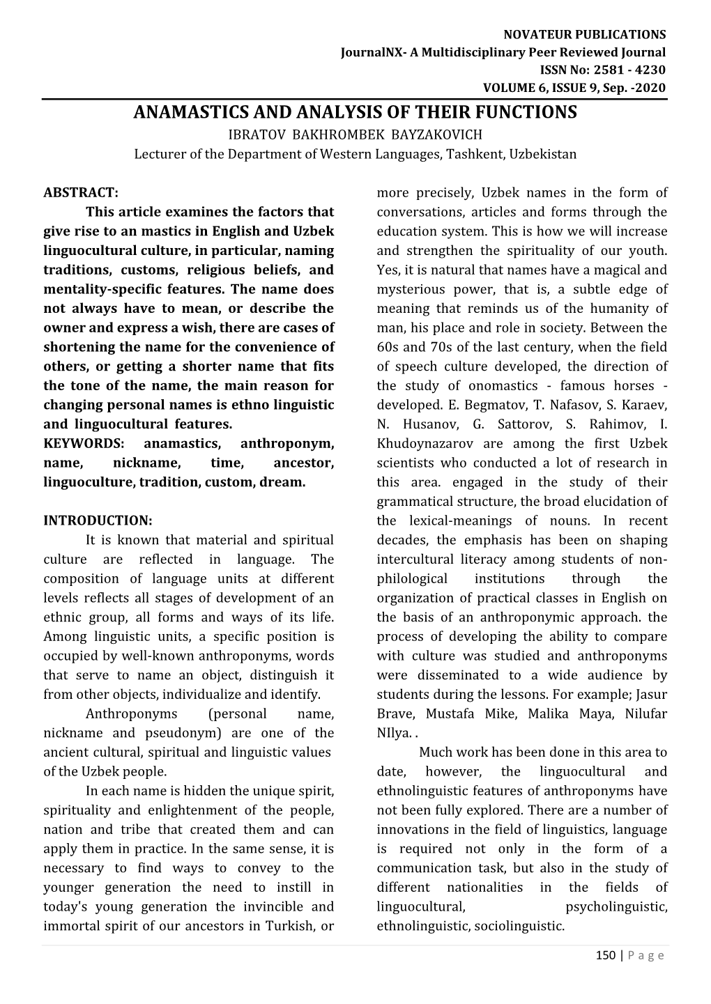 ANAMASTICS and ANALYSIS of THEIR FUNCTIONS IBRATOV BAKHROMBEK BAYZAKOVICH Lecturer of the Department of Western Languages, Tashkent, Uzbekistan