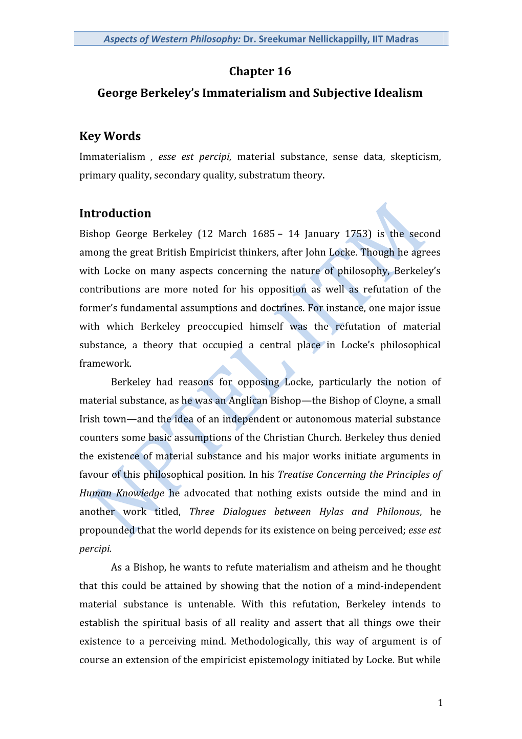 Chapter 16 George Berkeley's Immaterialism and Subjective Idealism Key Words Introduction