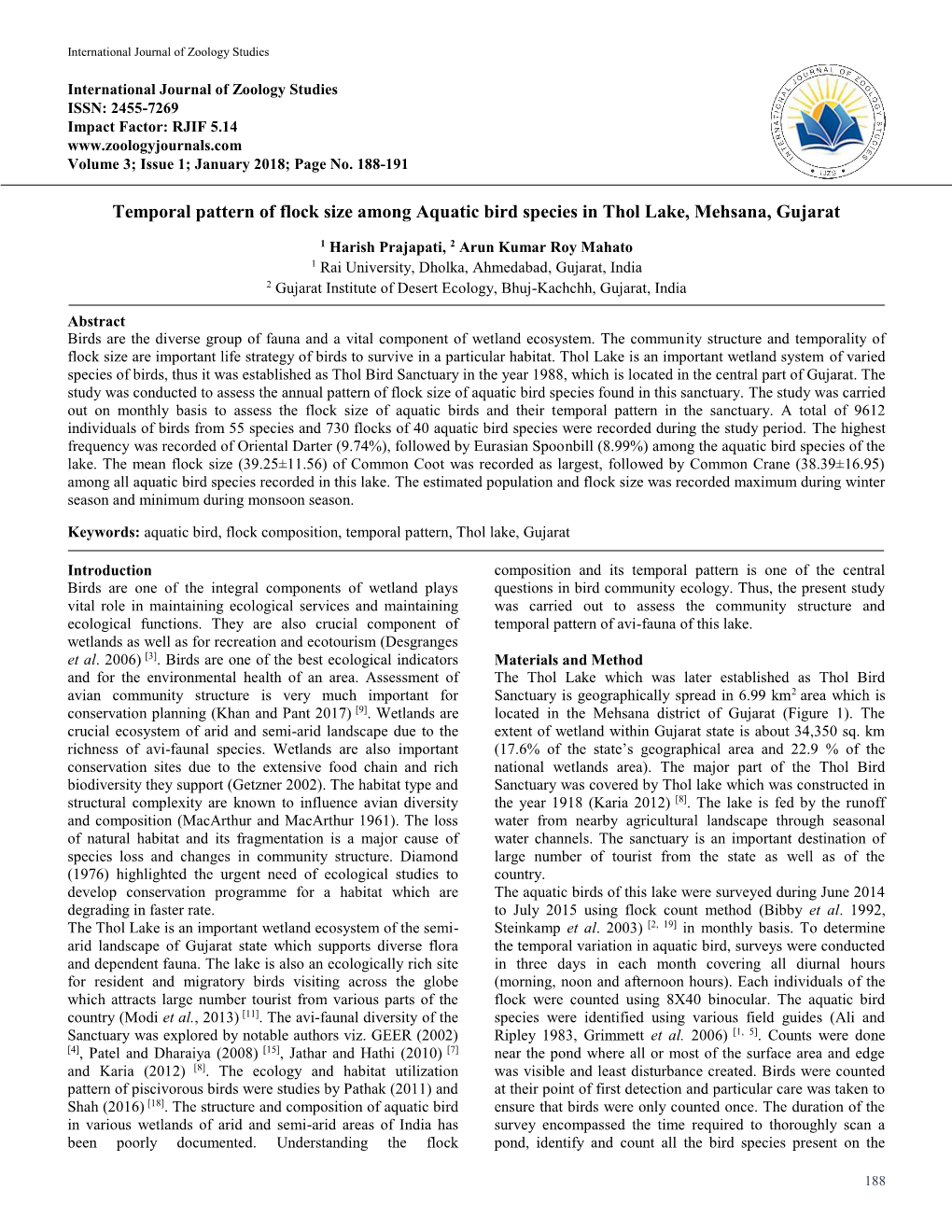 Temporal Pattern of Flock Size Among Aquatic Bird Species in Thol Lake, Mehsana, Gujarat